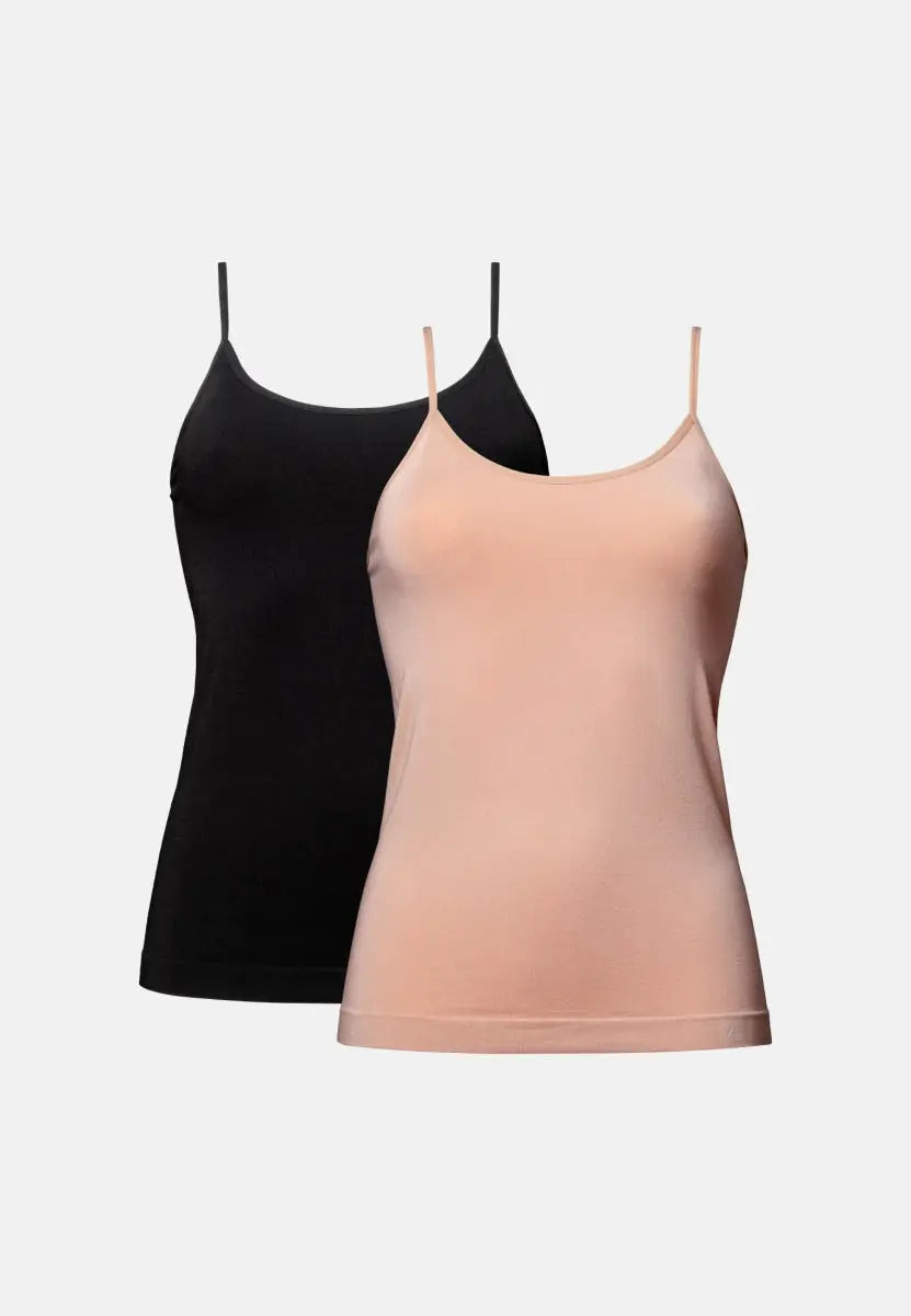 Two seamless bamboo singlet tops, one black and one beige, with thin straps on a plain background.