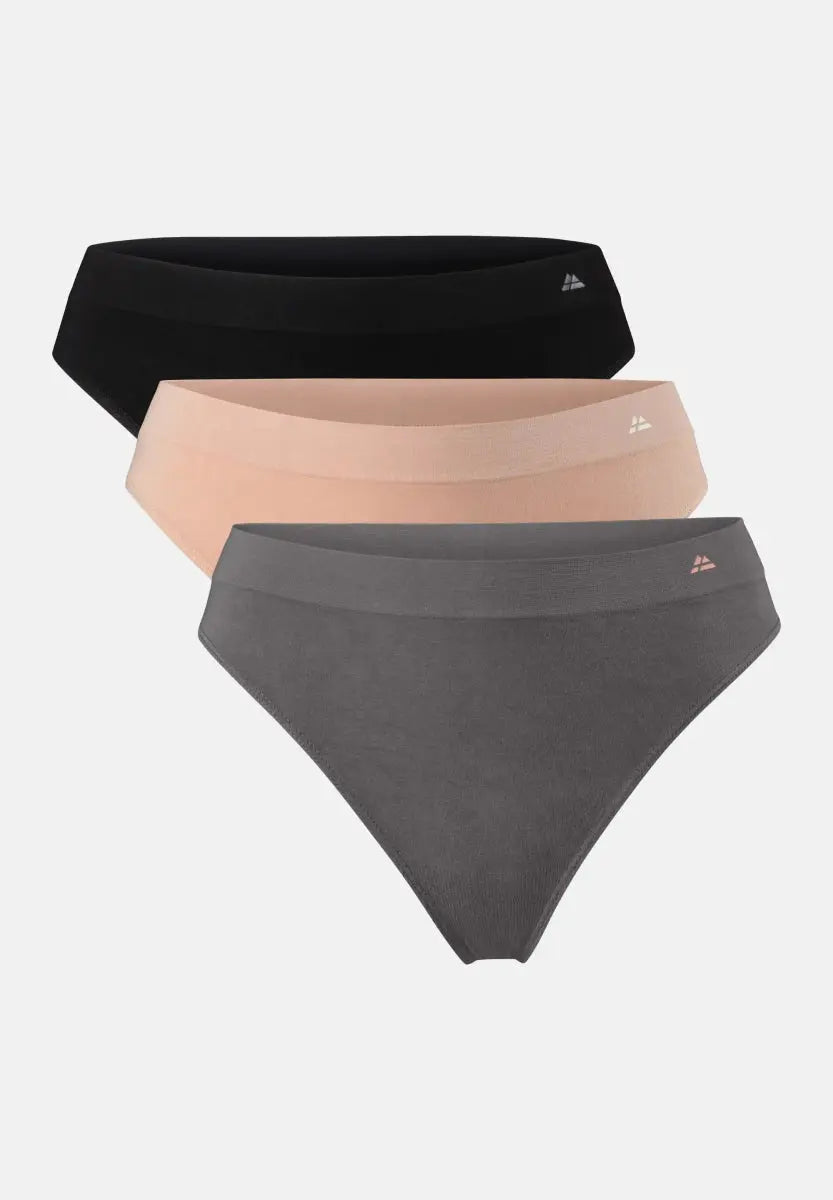 Three seamless bamboo thongs in black, beige, and gray, each with a small logo on the waistband.
