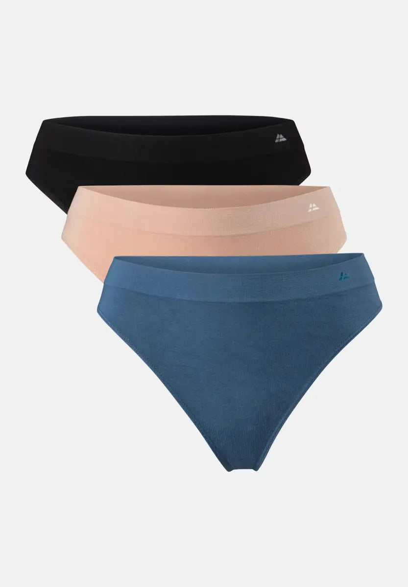 Three seamless bamboo thongs in black, beige, and blue, stacked vertically against a white background.