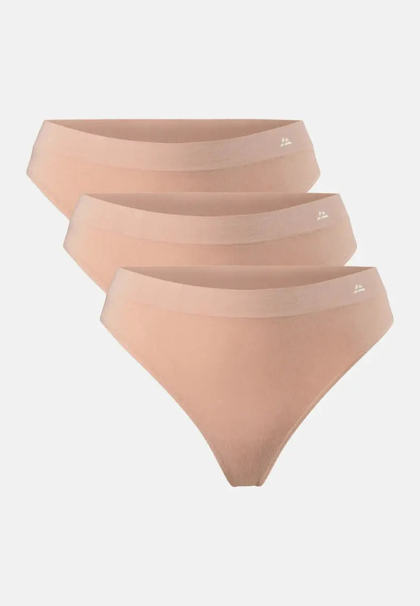 Three beige seamless bamboo thongs stacked and fanned out on a white background.