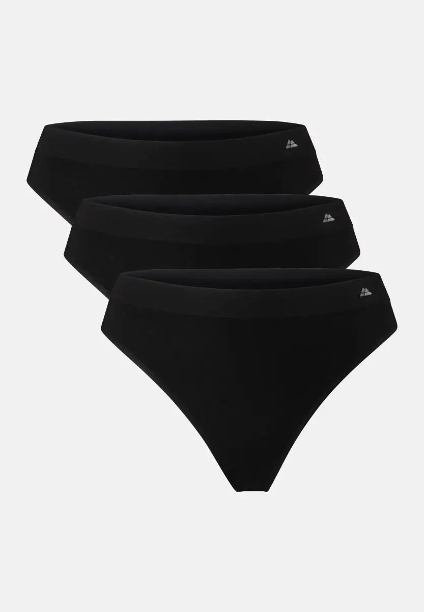 Three black seamless bamboo thongs stacked diagonally on a white background.