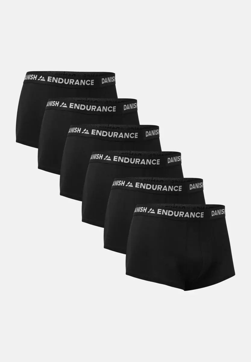Five black short trunks with "DANISH ENDURANCE" on the waistband, arranged in a row.