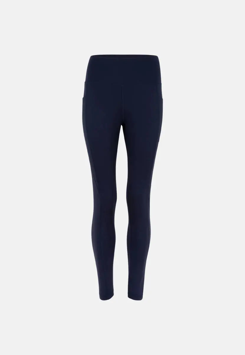 Navy blue women's leggings with a high waistband, full-length, front view.