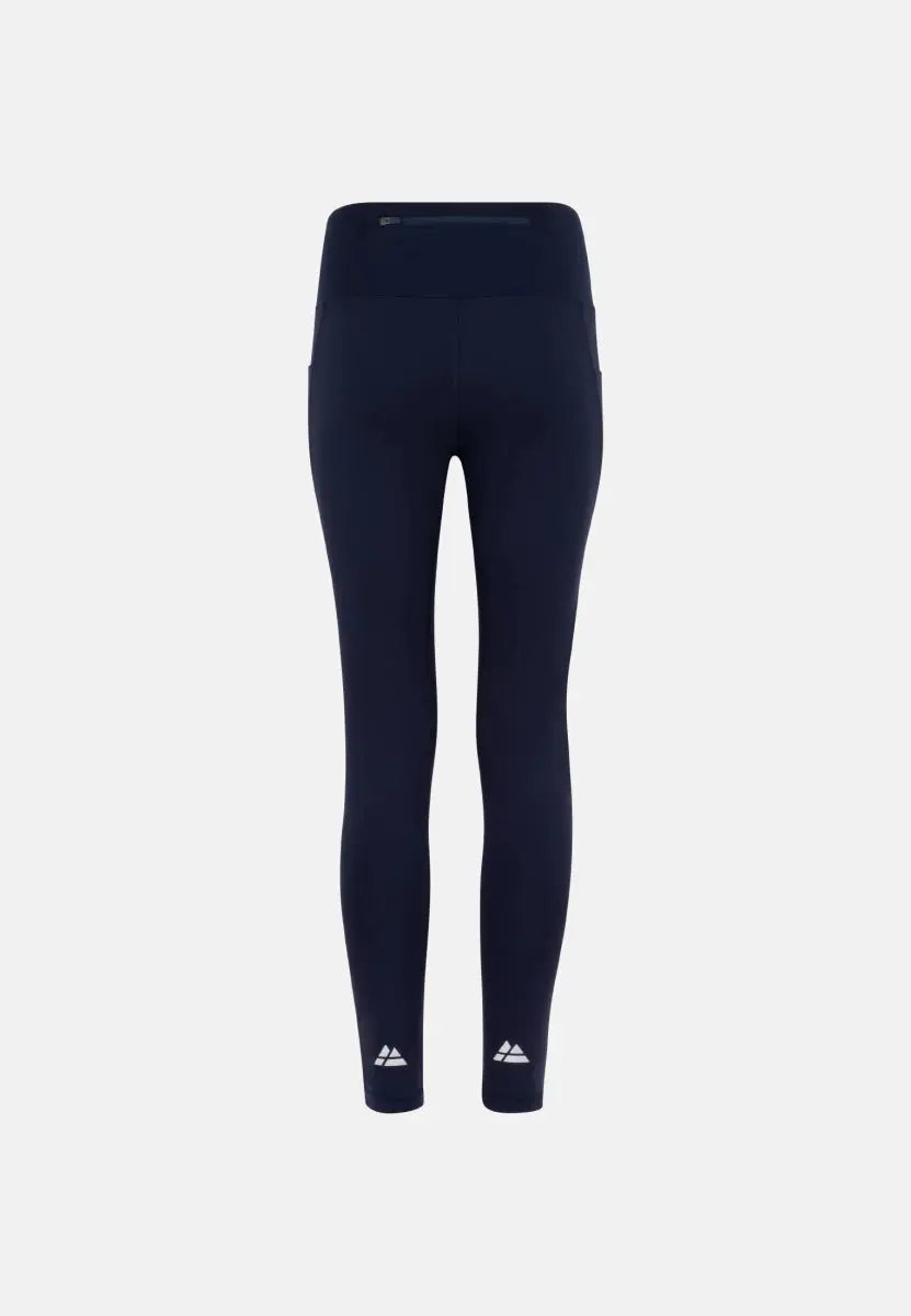 Dark blue leggings with high waistband, back pocket, and logo on lower legs, viewed from behind.