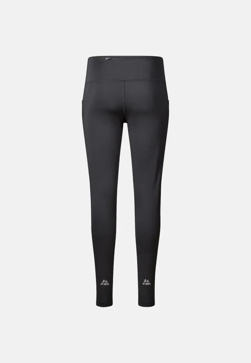 Black leggings with high waist, back view, logo near ankles on light gray background.