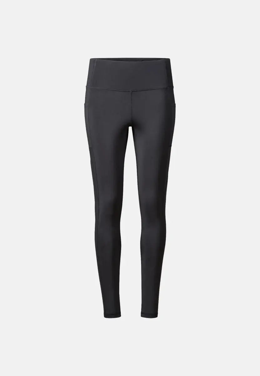 Black high-waisted sport leggings with a sleek, full-length design against a plain background.