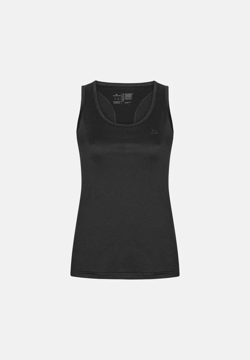 Black tank top with scoop neckline and subtle chest logo on a plain white background.