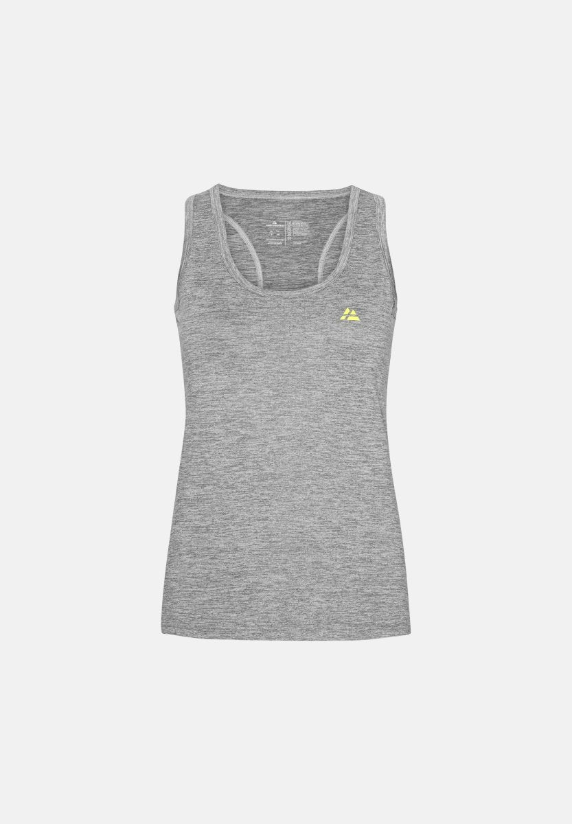 Gray tank top with scoop neck and small yellow logo on the chest, designed for performance.