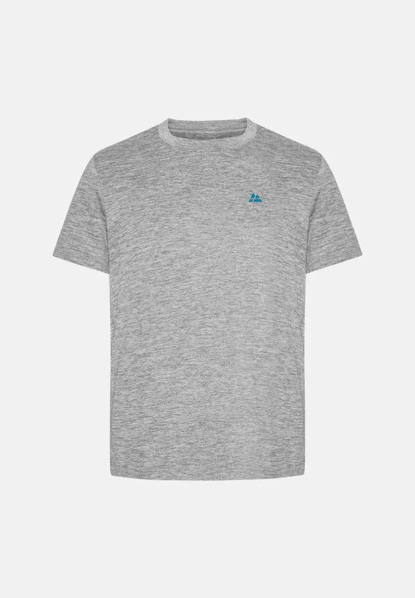 Gray crew neck T-shirt with a small blue logo on the left chest.
