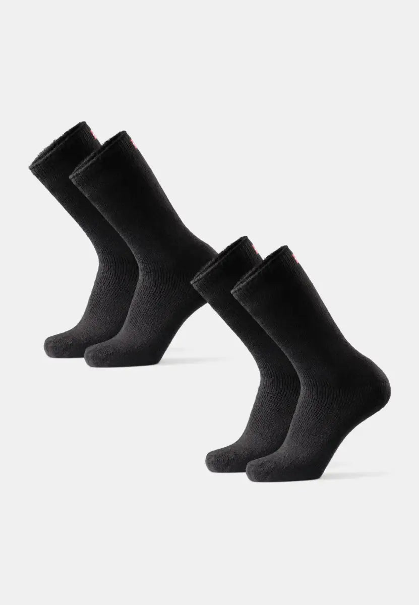 Four black thermal socks, two pairs, displayed on a white background.