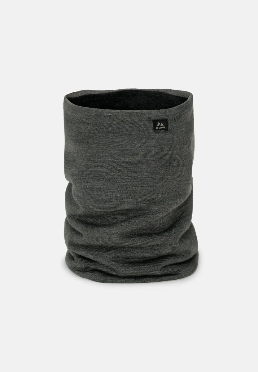 Gray merino wool neck gaiter, cylindrical with subtle texture and a small logo near the top edge.
