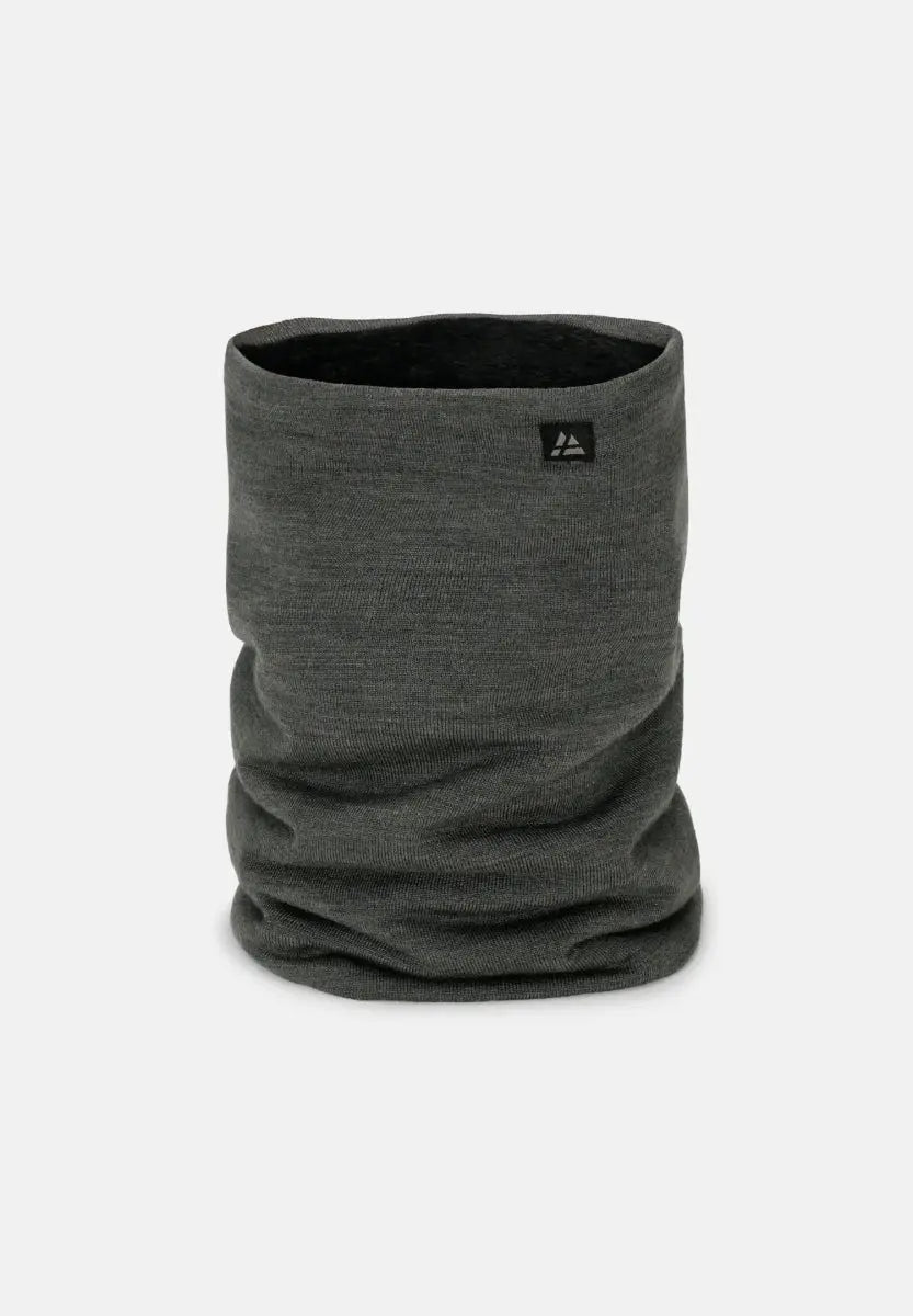 Gray merino wool neck gaiter, cylindrical with subtle texture and a small logo near the top edge.