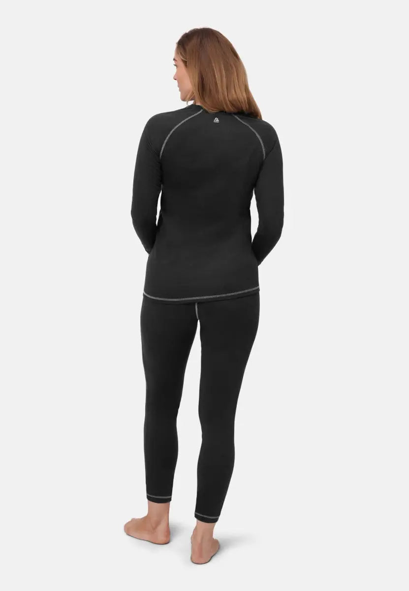 Person in black thermal underwear set, seen from the back, barefoot on light gray background.