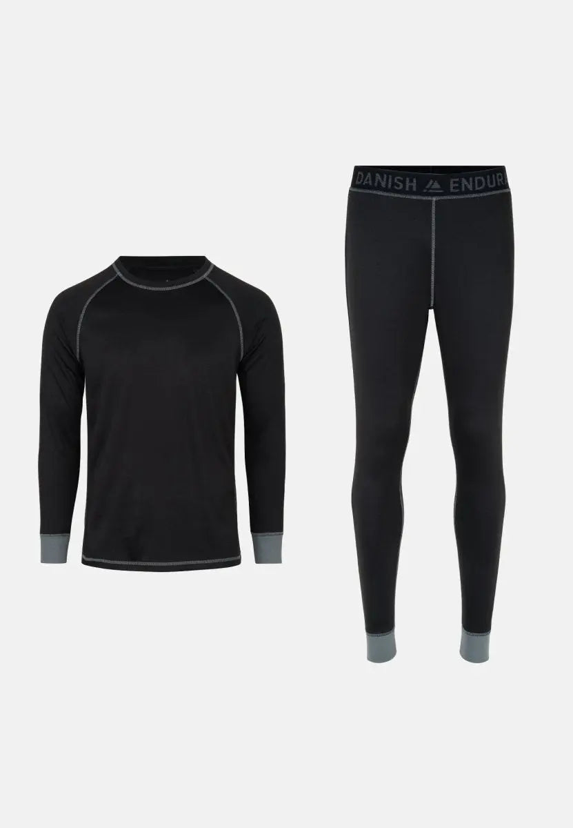 Black thermal underwear set with grey cuffs, including a long-sleeve top and pants.