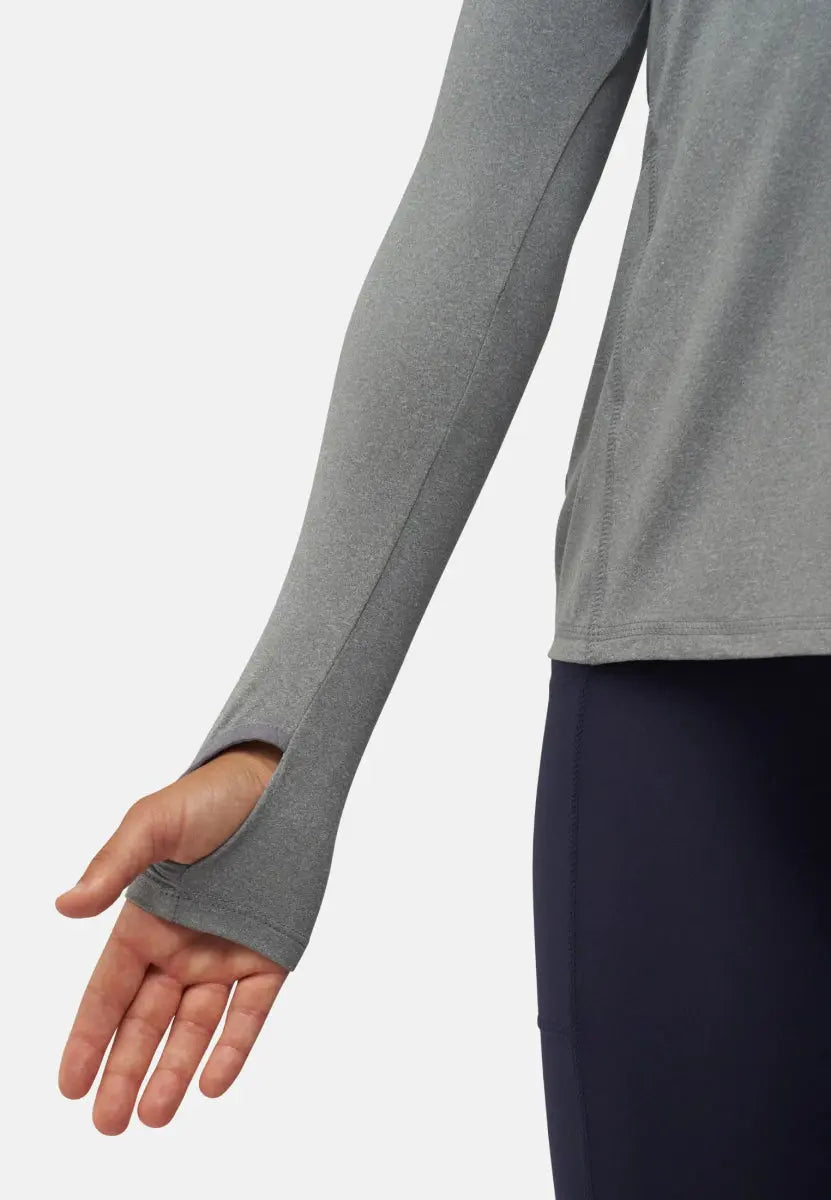 Gray long sleeve athletic shirt with thumbhole detail, worn by a person.