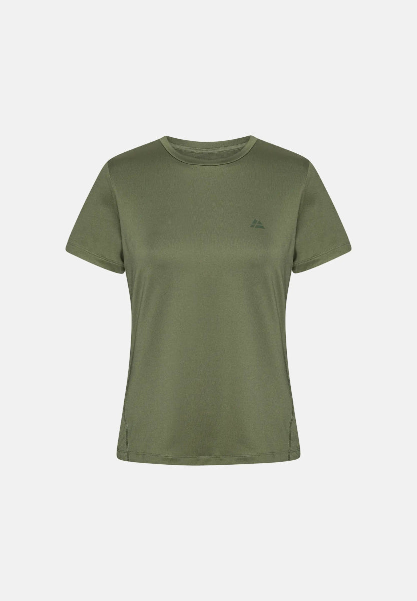 Olive green women's T-shirt with short sleeves and a small chest logo.