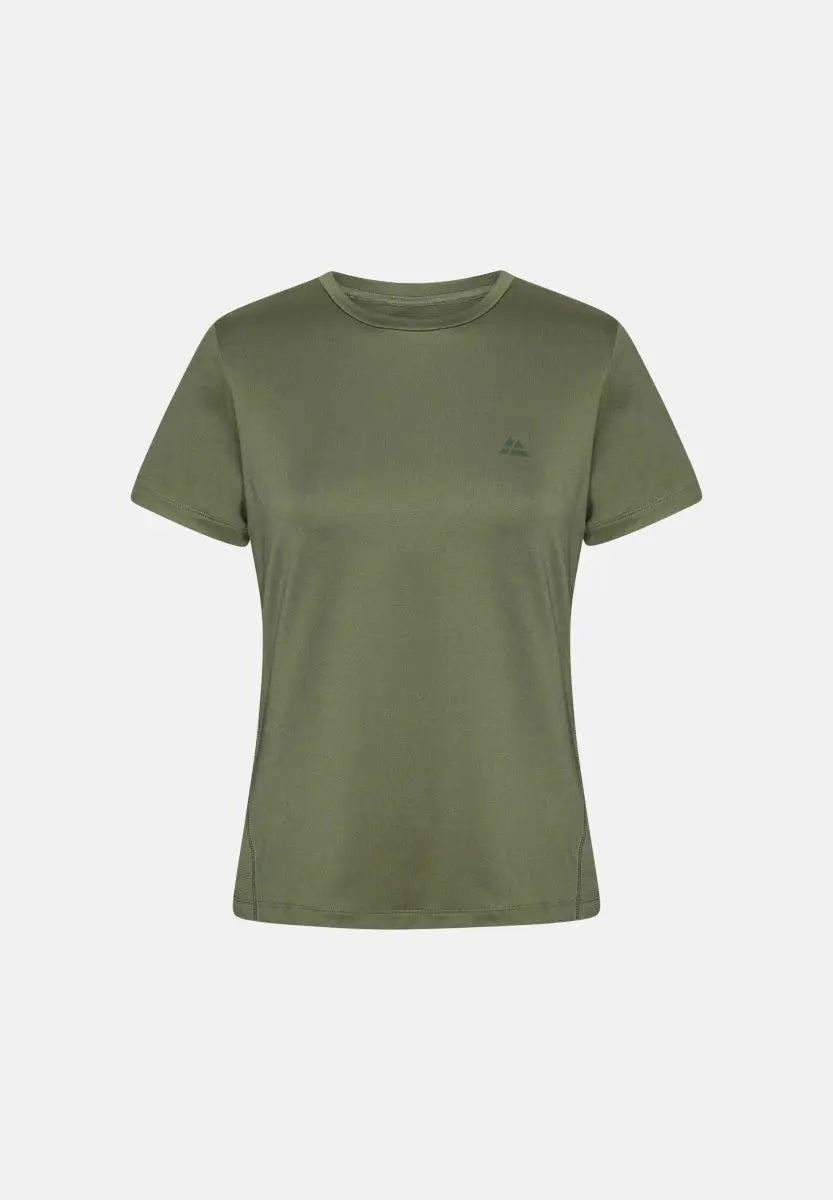 Olive green women's T-shirt with short sleeves and a small chest logo.