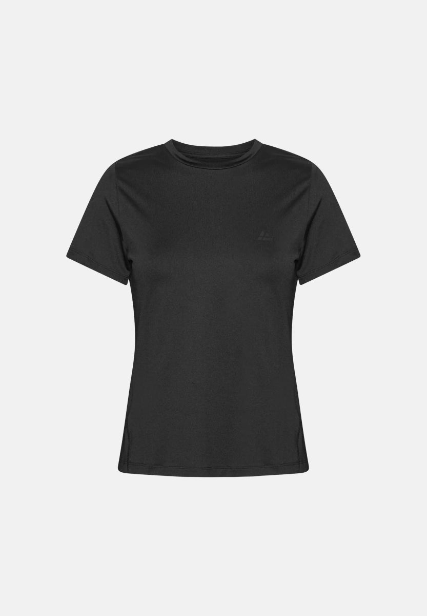 Black women's T-shirt with short sleeves and a round neck, featuring a subtle logo on the chest.