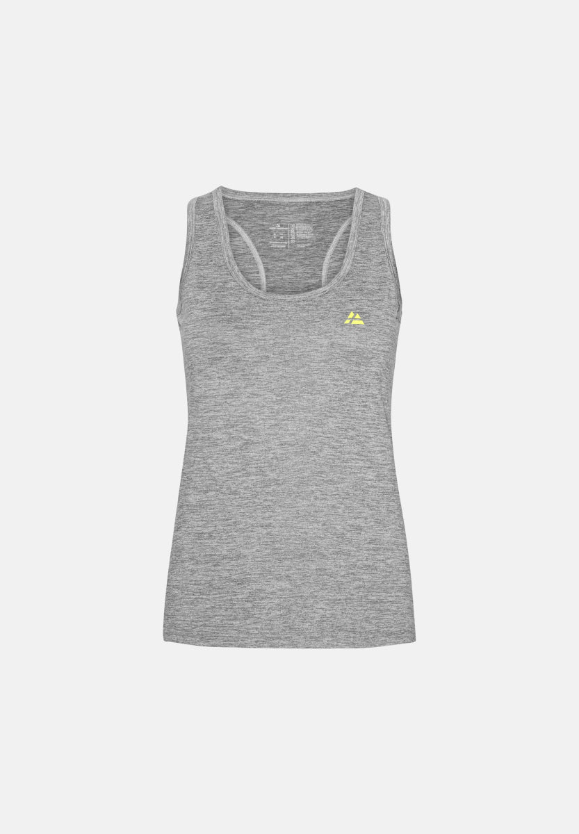 Gray tank top with scoop neck, yellow logo on chest.
