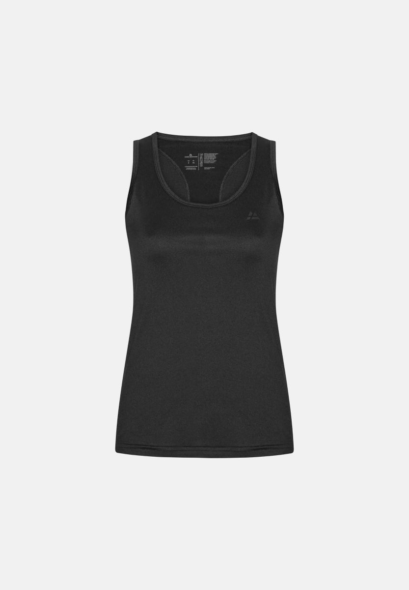 Black tank top with round neckline and subtle logo on chest, designed for performance and comfort.
