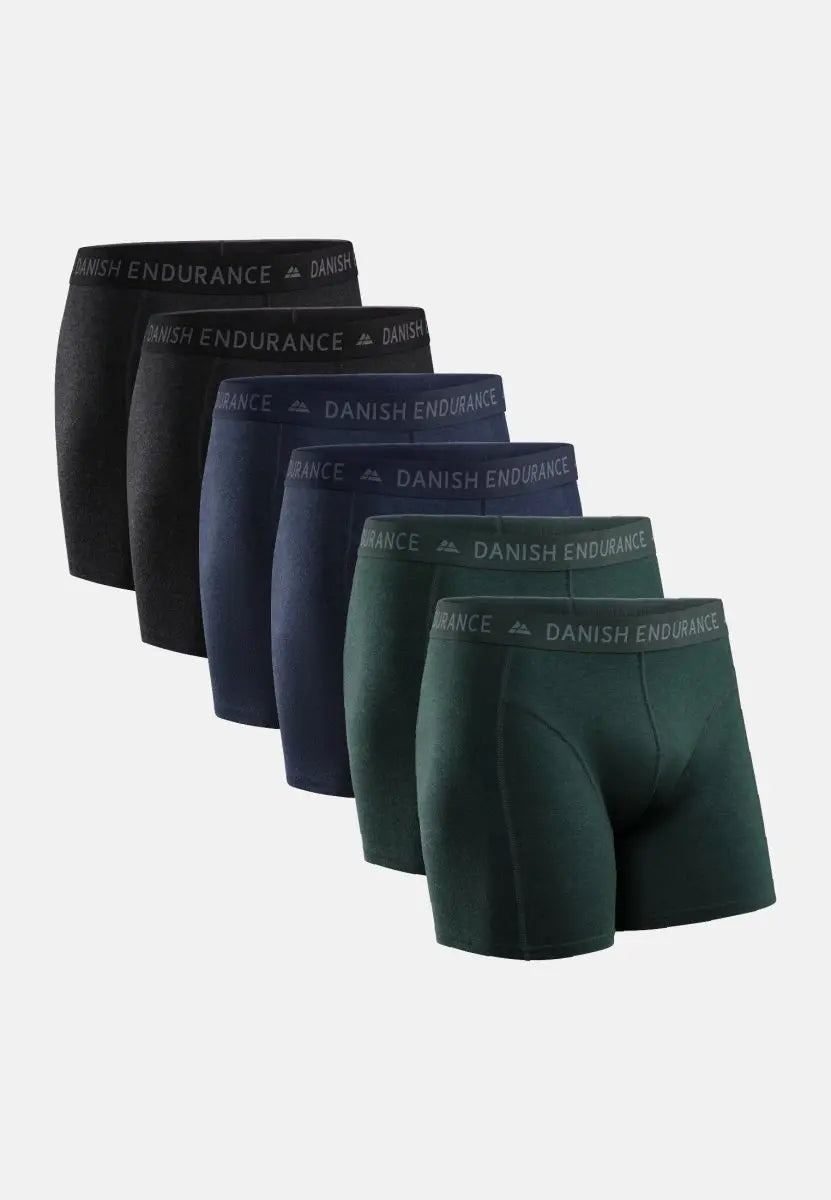 Six pairs of men's trunks in black, navy, and green with "Danish Endurance" on waistband.