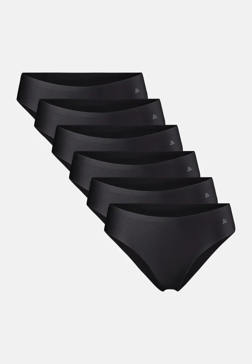 Six black bikini panties with a small logo, neatly stacked in a row.