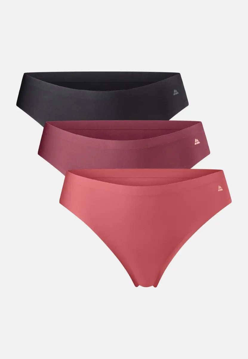 Three thong panties in black, burgundy, and coral, stacked vertically on a white background.