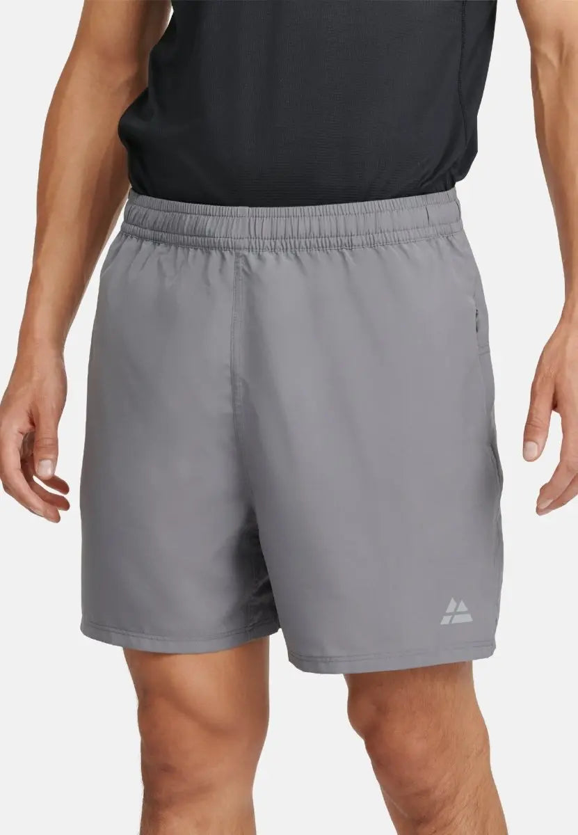 Gray men's sports shorts with elastic waistband and small logo on left leg.