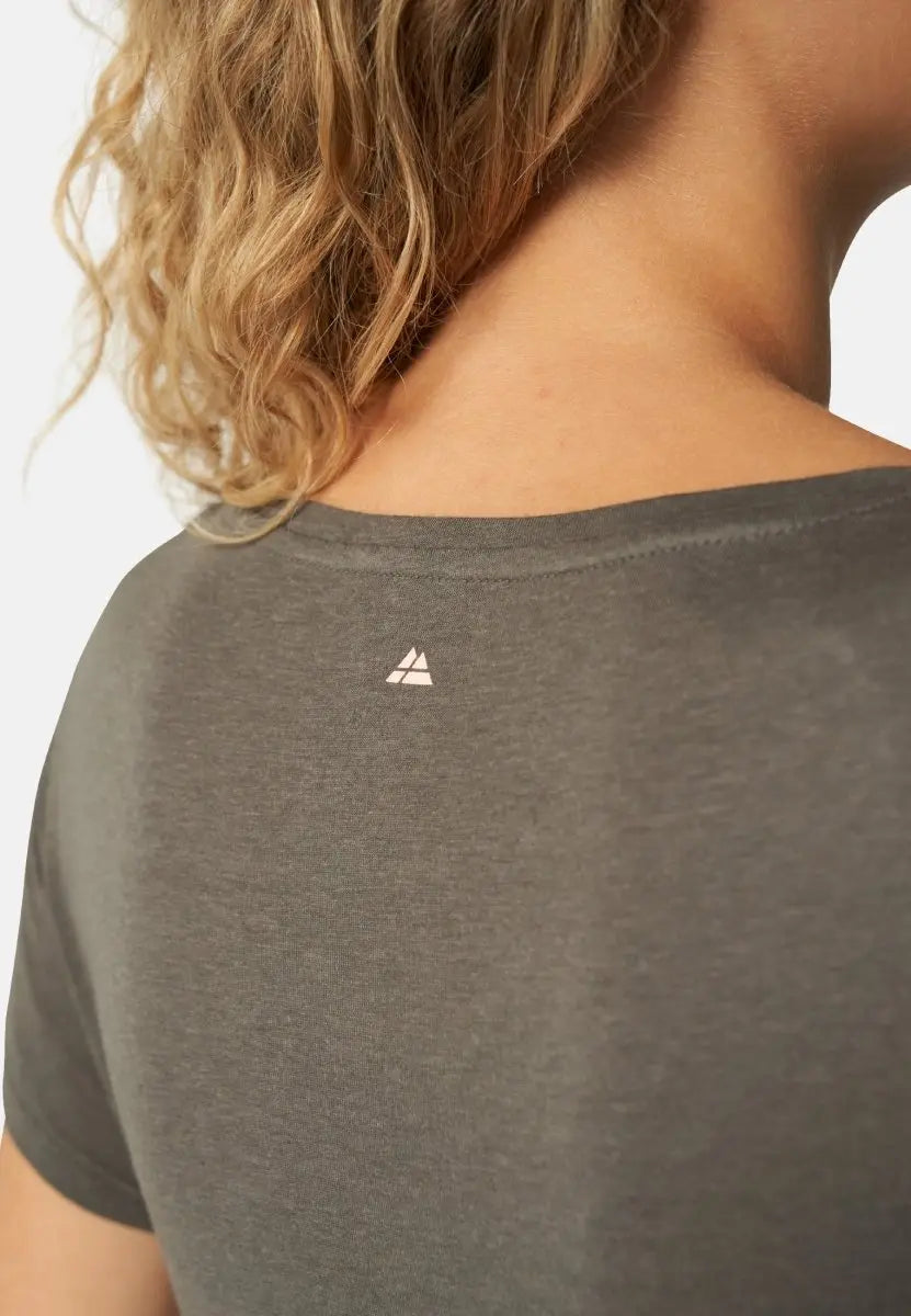 Close-up of a gray crew neck T-shirt back, showing a small white logo below the neckline.