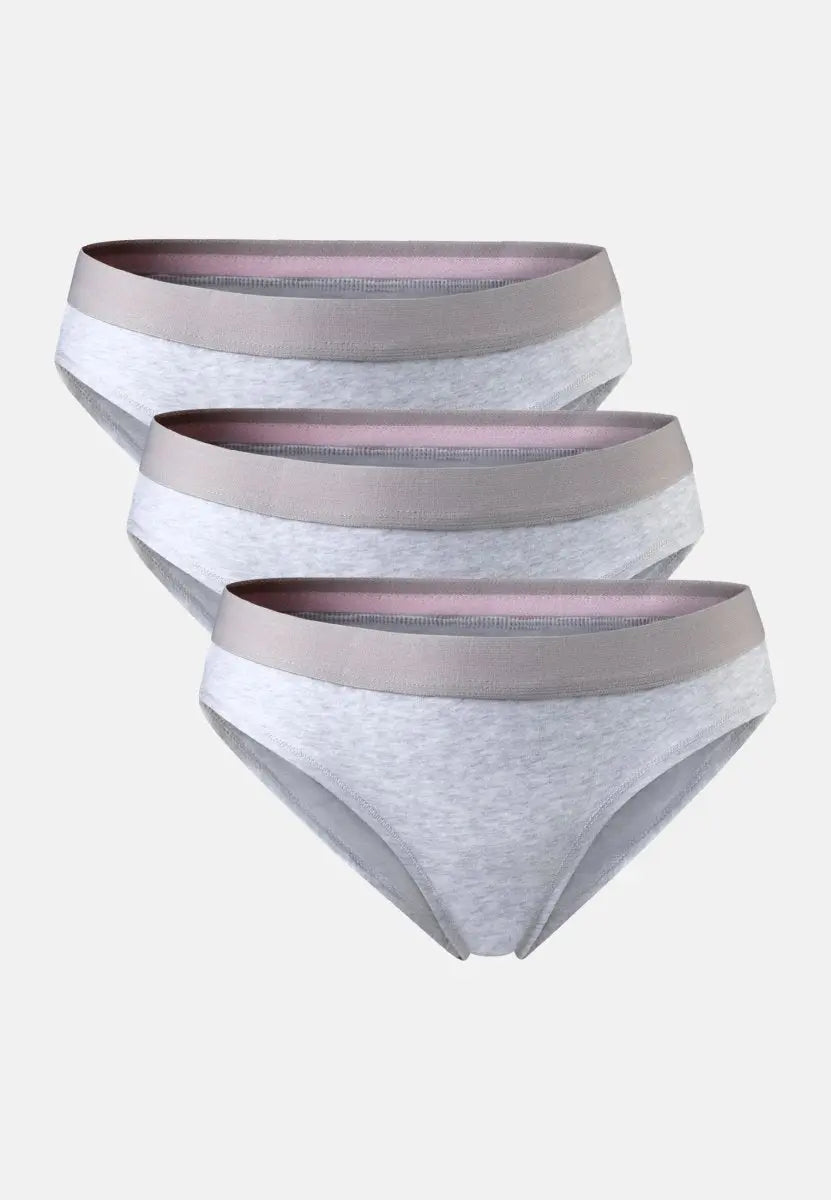 Three light gray bikini panties with thick gray waistbands, stacked in a fan arrangement.
