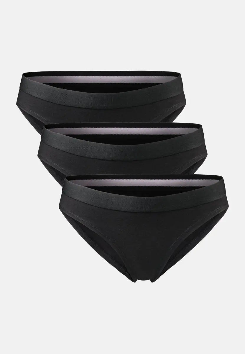 Three black organic cotton bikini panties stacked on a white background.