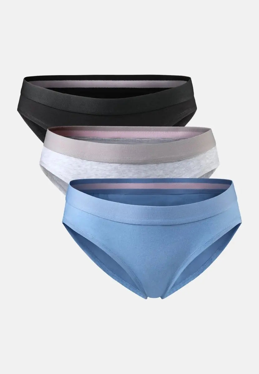 Three pairs of organic cotton bikini panties in black, grey, and blue, stacked with visible waistbands.