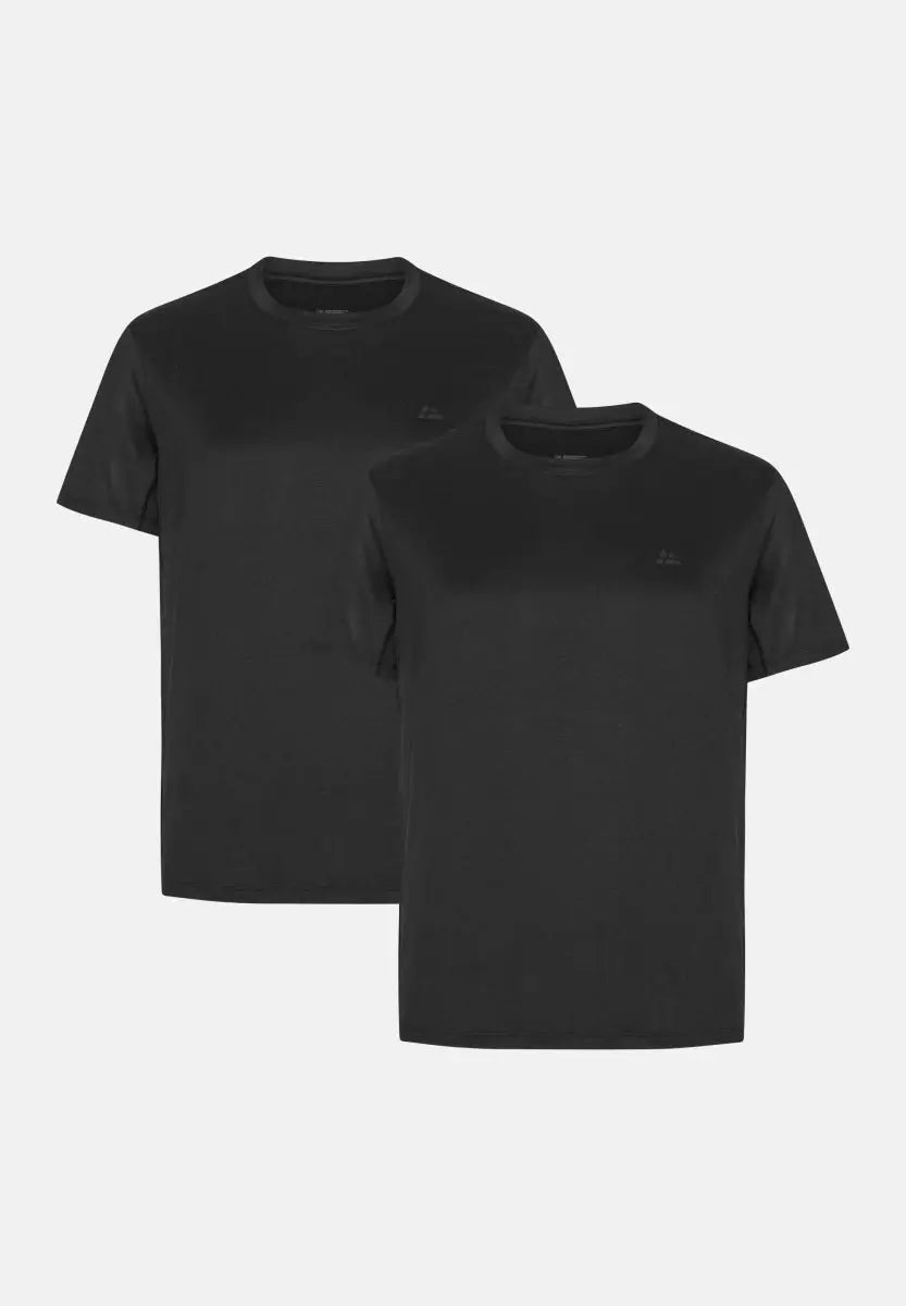 Two black performance T-shirts with a small logo on the chest, overlapping each other.