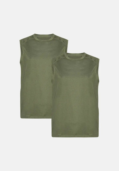 Two olive green sleeveless tank tops, layered, with a simple, crew neck design.