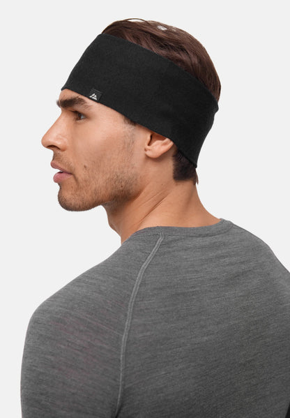 Person wearing a black merino headband and gray shirt, shown from the side.