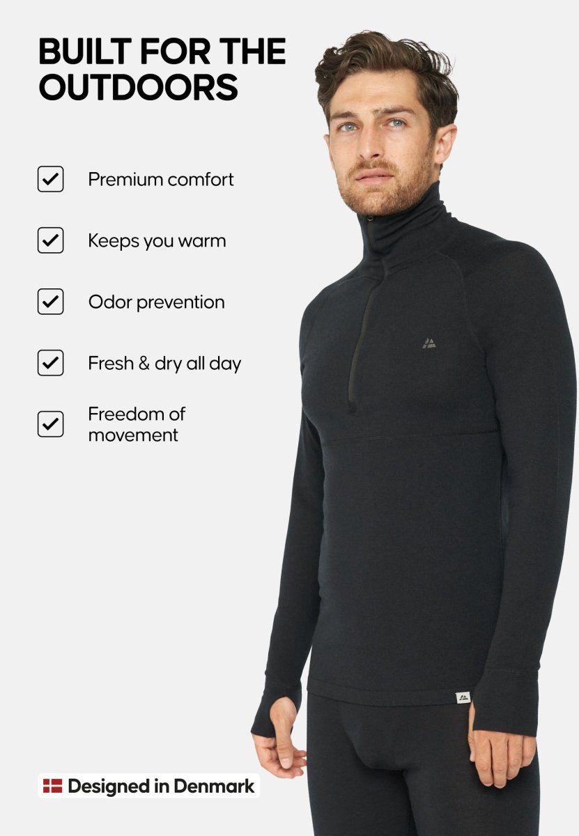 MERINO WOOL BASE LAYER HALF - ZIP SHIRT FOR MEN - DANISH ENDURANCE