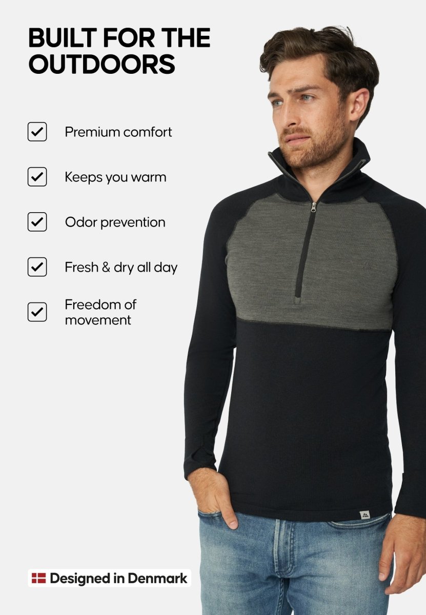 MERINO WOOL BASE LAYER HALF - ZIP SHIRT FOR MEN - DANISH ENDURANCE