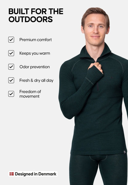 MERINO WOOL BASE LAYER HALF - ZIP SHIRT FOR MEN - DANISH ENDURANCE