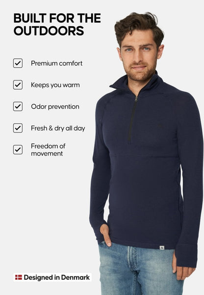 MERINO WOOL BASE LAYER HALF - ZIP SHIRT FOR MEN - DANISH ENDURANCE